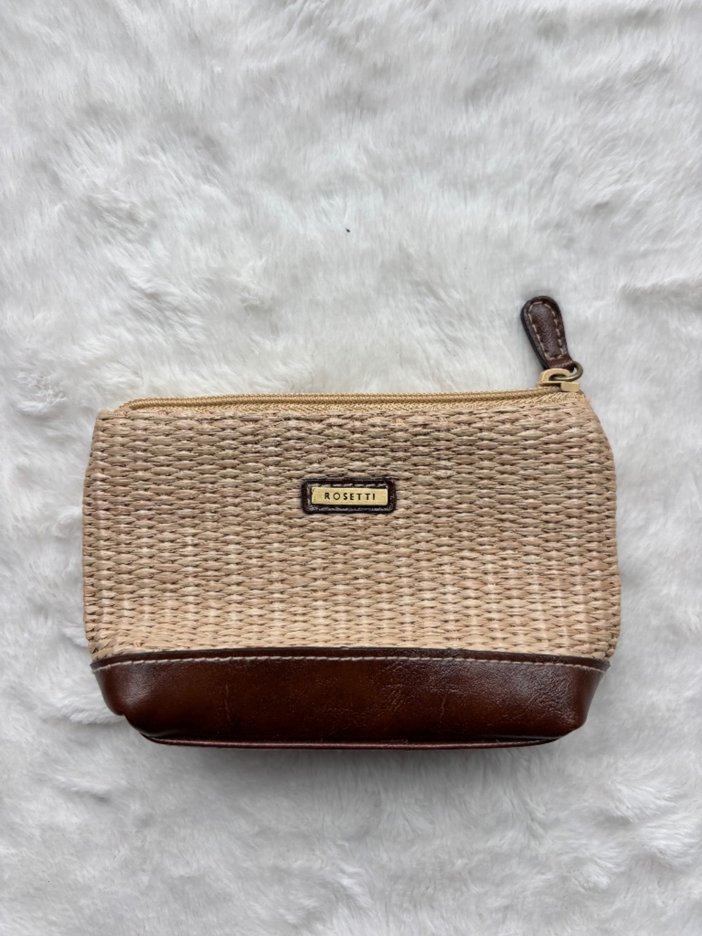 Rosetti Woven Straw & Brown Faux Leather Mini Pouch Coin Purse